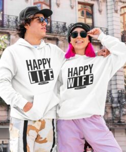 Happy Wife Happy Life Couple Matching Hoodie, Vow renewal ceremony. Hubby Wifey Anniversary / Wedding Custom Gift. Relationship Announcement